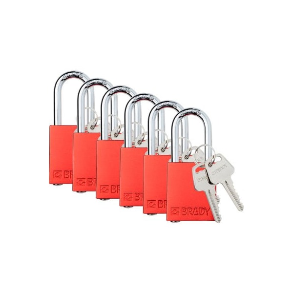 Brady Safety Lockout Padlock, Keyed Alike, 1-1/2in, Aluminum/Steel, Red, 6/PK SDAL-RED-38ST-KA6 - main